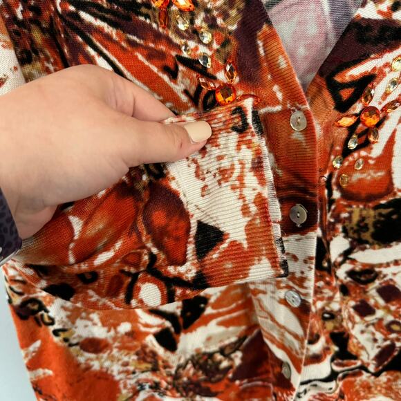 Christopher & Banks Button Down Cardigan Sweater Size Large Orange Brown White - Picture 2 of 7